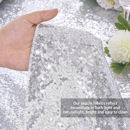 QueenDream Sequin Tablecloth 90x132 Inches Rectangular Silver Table Cloth Glitter Fabric Overlay for Wedding Birthday Bridal Shower Decorations