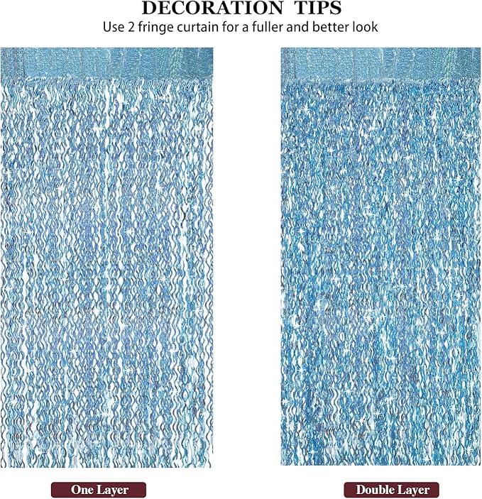 4 Pack Light Blue Party Foil Curtain - CYLMFC 3.3 ft x 6.6 ft Wavy Photo Booth Backdrop Metallic Tinsel Foil Fringe Curtains Environmental Background for Birthday Wedding Party Christmas Decorations