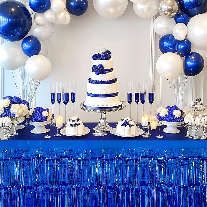 2 Pack Dark Blue Table Skirts, 29x108" Metallic Foil Tinsel Fringe Table Skirts for Rectangle Tables Streamer Curtains Backdrop, Party Decorations for Birthdays Weddings Holidays