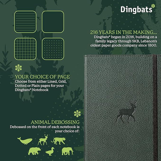 Dingbats A5 Wildlife Notebook Journal Hardcover, Cream 100gsm Ink-Proof Paper, 6.1 x 8.5 inches, 192 pages (Green Deer, Squared)
