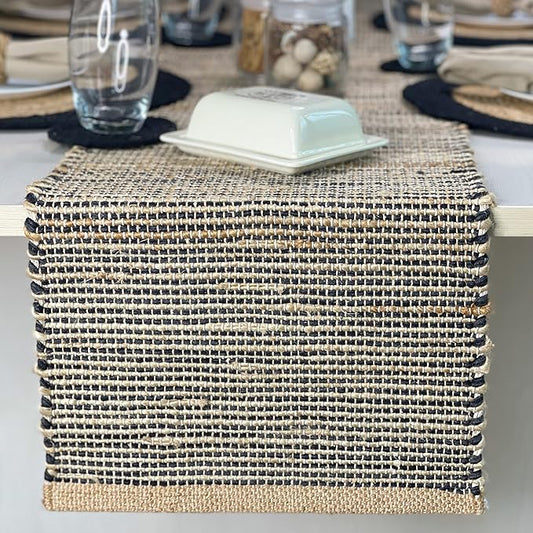 Chardin home Natural Jute Table Runner 13x108 Inch – Vintage Boho Rustic Table Decor – Handwoven Long Table Runner in Natural Jute and Black – Farmhouse Dining or Console Table Accent