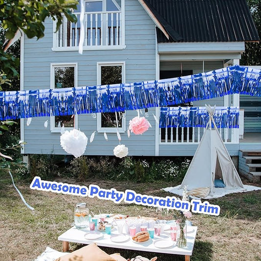 4 Pack Iridescent Float Fringe Curtains, Metallic Foil Fringe Garland Shiny Tassel Foil Parade Float Decorations for Trailer Car Graduation Homecoming Outdoor Indoor Party (Royal Blue)