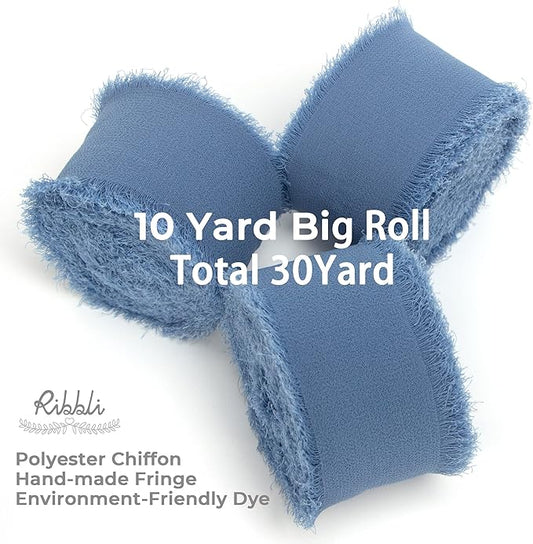Ribbli Dusty Blue Chiffon Ribbon - 1-1/2 inch x 30 Yard Handmade Fringe Silk Ribbon for Wedding Invitations, Bridal Bouquets, Flower Arrangements
