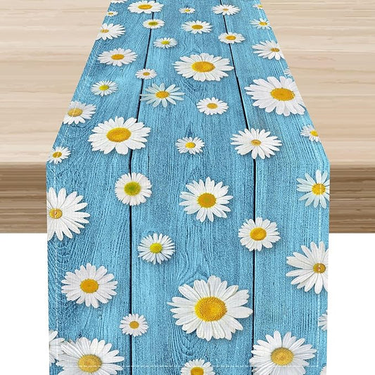 Daisy Floral Table Runner, Rustic Seasonal Spring Wild Flower Rustic Blue Wood Farmhouse Table Center Decor for Home Kitchen Dining Patio Holiday Party Indoor Outdoor Table Decorations, 13"x36" Inch