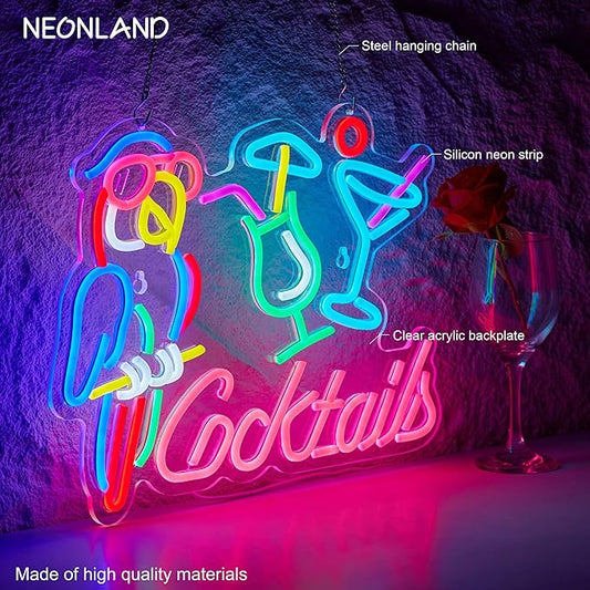 Parrot Cocktail Neon Sign for Wall Decor Bar LED Light Beer Wine Alcohol Man Cave Garage USB Powered Dimmable Art Signs