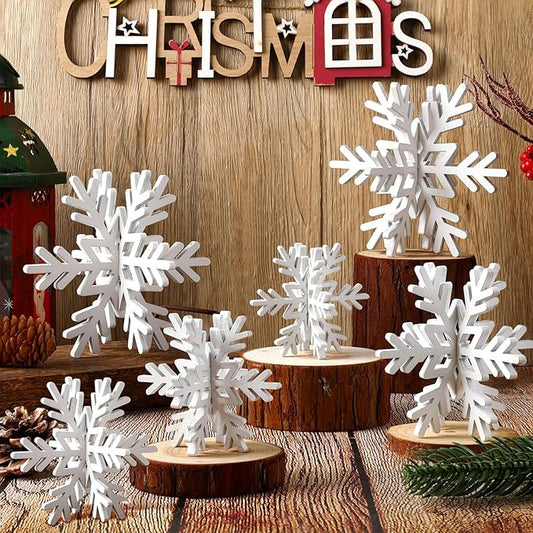 Bucherry 12 Pcs Wooden Snowflake Table Decor 3D Snowflake Tabletop Signs and Centerpiece for Christmas Xmas Winter Wonderland Decorations Home Party(White)