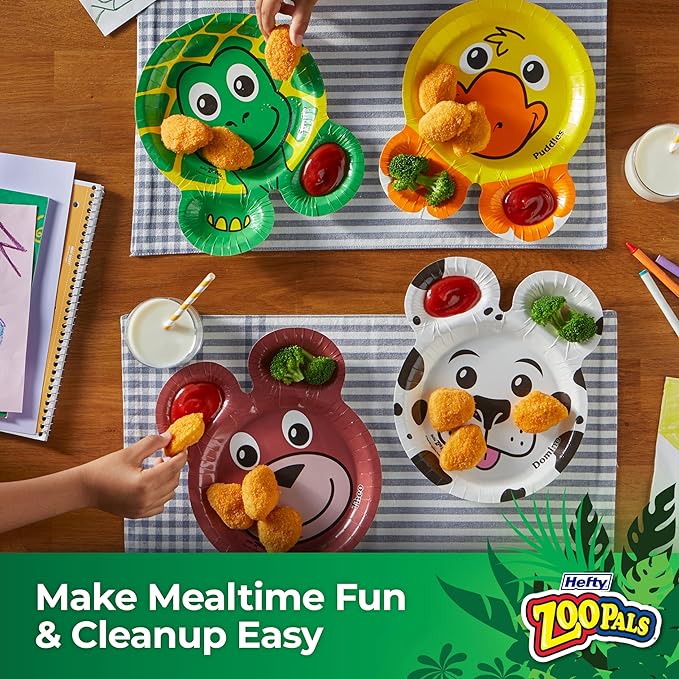 Hefty Zoo Pals Party Edition Paper Plates for Kids, Assorted Animal Designs, 7.75 Inches with Two Dipping Compartments, 20 Count (Pack of 2)