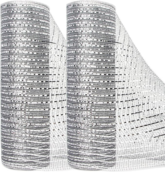 Ribbli 2 Rolls Silver Mesh Ribbon,10 inch x 30 feet(10Yard) Each Roll,Metallic Lt.Silver with Wide Silver Foil,Valentine's Day Ribbon for Wreath Swags and Decorating