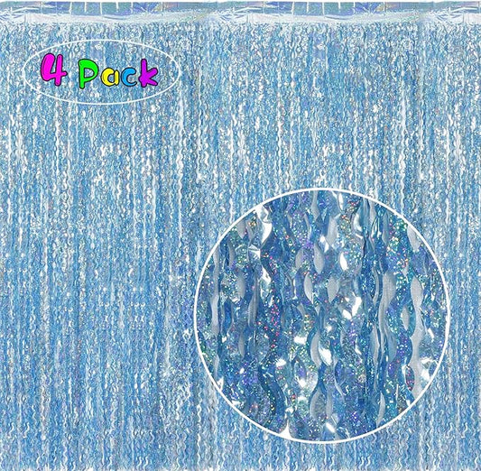 4 Pack Wavy Blue Tinsel Backdrop Streamers Party Decorations 3.3x6.6 Feet | Foil Fringe Curtain Ocean Themed | Blue Birthday Decorations