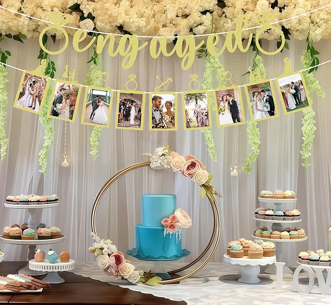 Pre-Strung Engaged Photo Banner - Gold Glitter Engagement Party Decoration Supplies with Romantic Memories Picture Card Frames for Bachelorette, Bridal Shower, Wedding Party Photo Booth Props