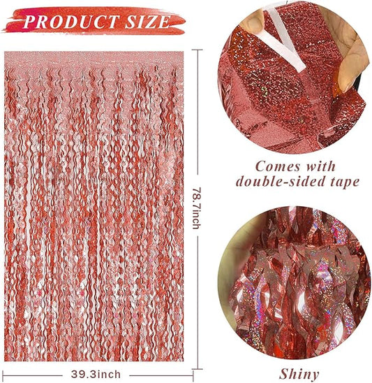 Rose Gold Tinsel Foil Fringe Curtains Wavy Backdrop for Parties Sparkle Metallic Wavy Foil Fringe Backdrop Curtain Photo Booth Props Birthday Graduation Wedding Bachelorette Party Decorations
