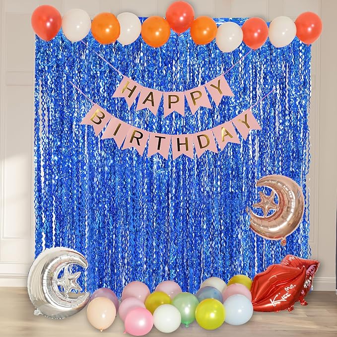 4 Pack 3.3 ft x 6.6 Wavy Sparkle Dark Blue Foil Fringe Backdrop Curtain - Navy Blue Streamer Backdrop Tinsel Curtains for Door Streamers Ocean Birthday Party Decorations Disco Party