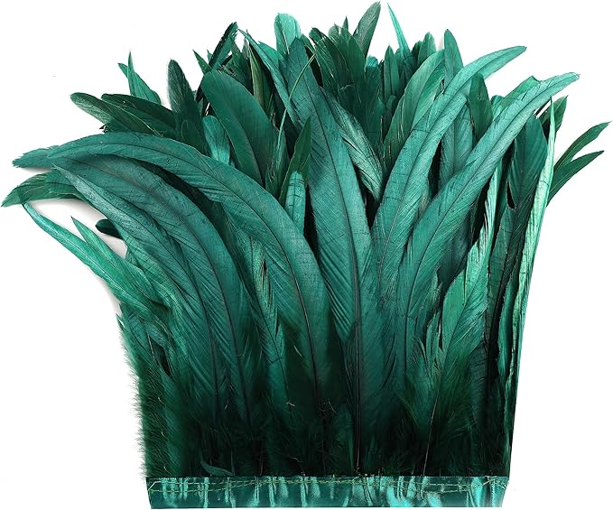 Holmgren Dark Green Rooster Feather Trim - 10-12inch 2 Yards Natural Large Rooster Tail Feathers Fringe Trim for DIY Sewing Crafts, Feather Cape Shawl, Wings, Party Costumes Decoration (Dark Green)
