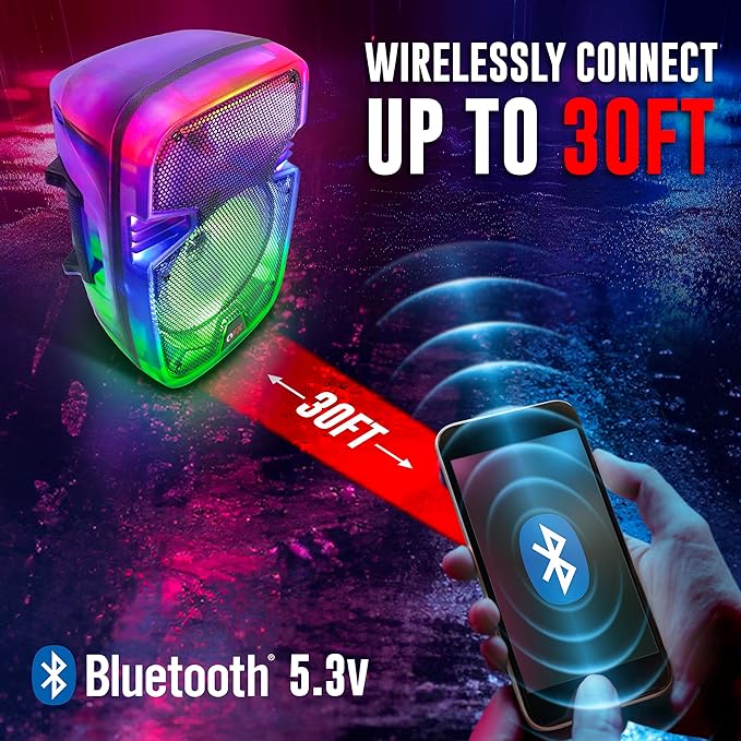 Crystal Clear Sound, Bright Party Lights, Portable & Easy to Use | 8" Rechargeable Bluetooth PA Karaoke Loud Party Speaker, 5-Hour Playtime | TWS, USB, TF, AUX, FM Radio | QFX | TMS-853