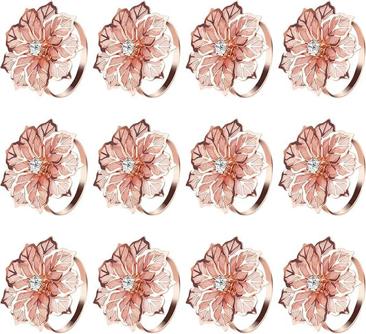 KPOSIYA Flower Napkin Rings Holder Metal Rose Gold Napkin Rings Set of 12 for Wedding Party Holiday Banquet Christmas Dinner Delicate Serviette Buckles Decor Favor (12, Rose Gold)