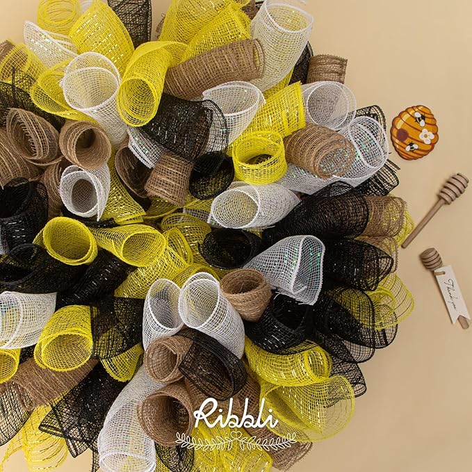Ribbli 2 Rolls Burlap Mesh Ribbon,10 inch x 30 feet(10Yard) Each Roll,Natural with Jute,Use for Wreath Swags and Decorating
