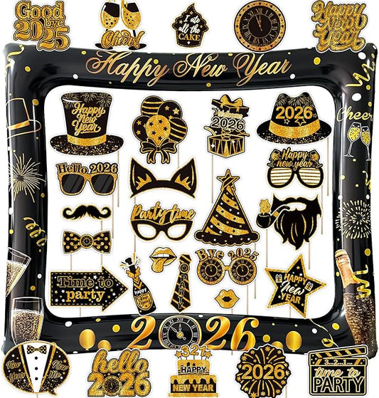 2026 New Year Photo Booth Inflatable Frame Kit, 30Pcs New Years Photo Booth Props with Inflatable Picture Frame Black Gold Decorations for New Year Eve Party Selfie Props Supplies