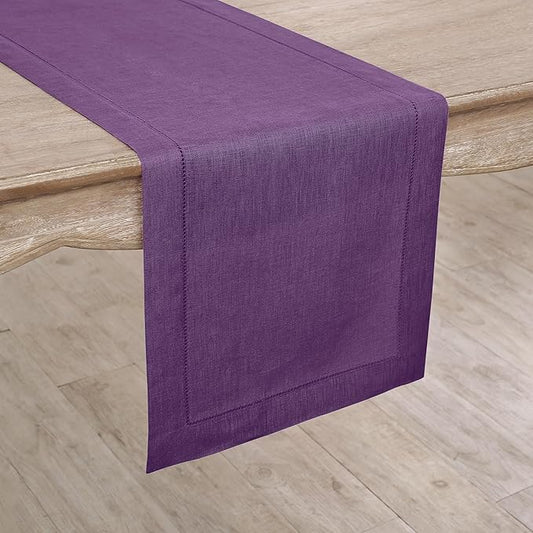 Solino Home Linen Purple Table Runner 156 Inches Long - 100% Pure Linen Extra Long Table Runner 14 x 156 Inch for Fall, Autumn, Halloween, Thanksgiving - Classic Hemstitch