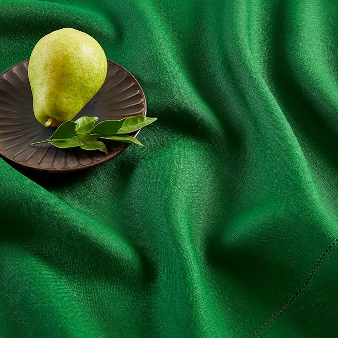 Solino Home Linen Table Runner 60 Inches - 100% Pure Linen Garden Green Hemstitch Table Runner 14 x 60 Inch Ideal for Dresser and Coffee Tables - Classic Hemstitch - Christmas