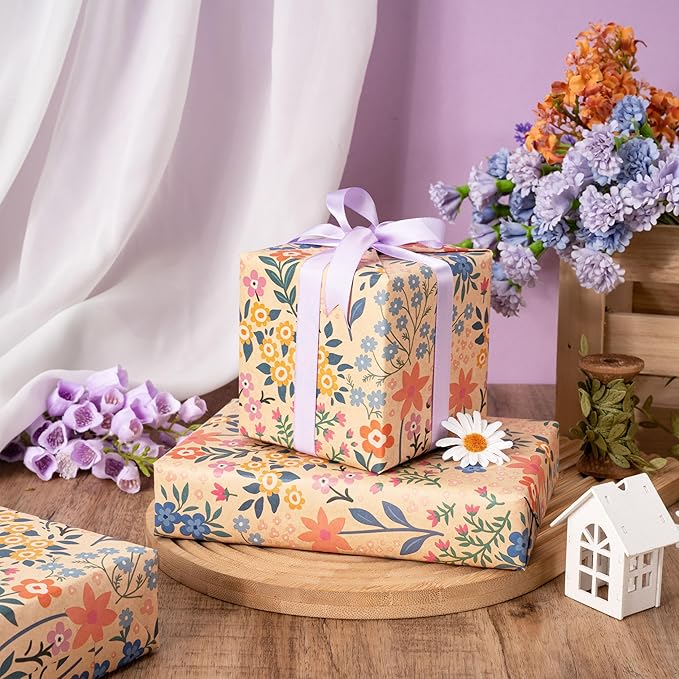 RUSPEPA Kraft Floral Wrapping Paper Roll for Girls Women, Mini Roll, Garden Flower Design, Wildflower Kraft Gift Wrap for Birthday, Spring, Summer, Mother's Day, Bridal Shower, 17 Inches x 9.8 Feet