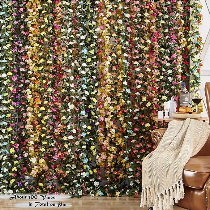 8 Pcs x 8.2 ft Flower Garland Artificial Rose Vine Flowers with Green Leaves Hanging Fake Roses Vine for Room Party Home Wedding Birthday Christmas Wall Arch Decor, Fall Purple Flower