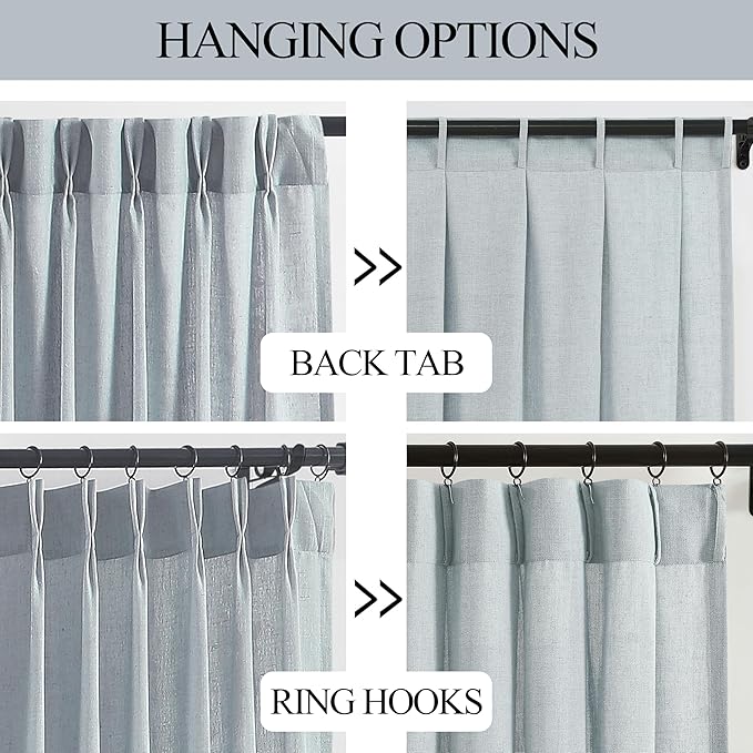 Vision Home Blue Fog Pinch Pleated Semi Sheer Curtains Textured Linen Blended Light Filtering Window Curtains 120 inch for Living Room Bedroom Pinch Pleat Drapes with Hooks 10ft 2 Panels 40" Wx120 L