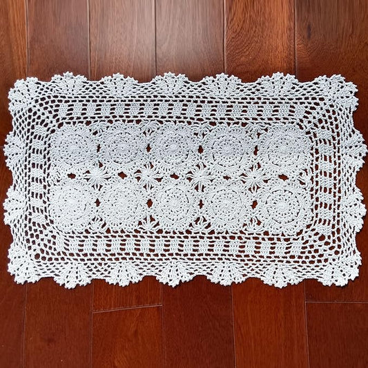 Phantomon Lace Table Runner Rectangular Table Cover Cloth Handmade Crochet Floral Placemats 100% Cotton (Floral White, 15x28Inch)