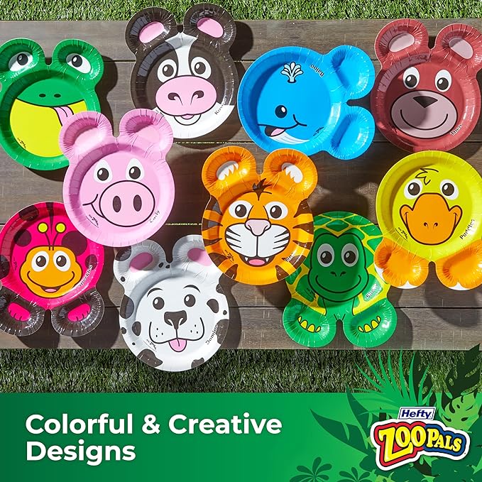 Hefty Zoo Pals Party Edition Paper Plates for Kids, Assorted Animal Designs, 7.75 Inches with Two Dipping Compartments, 20 Count (Pack of 2)