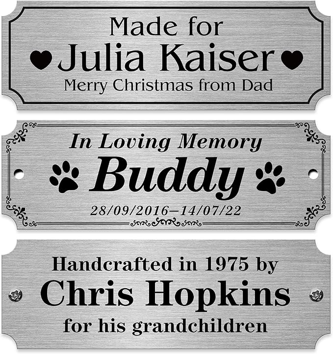 Caramel Sweet Life Personalized Name Plates, Silver Engraved Plaque, Stainless Steel Trophy Plates Engraved, Custom Name Plate with Adhesive Backing or Screws, 3" W x 1" H