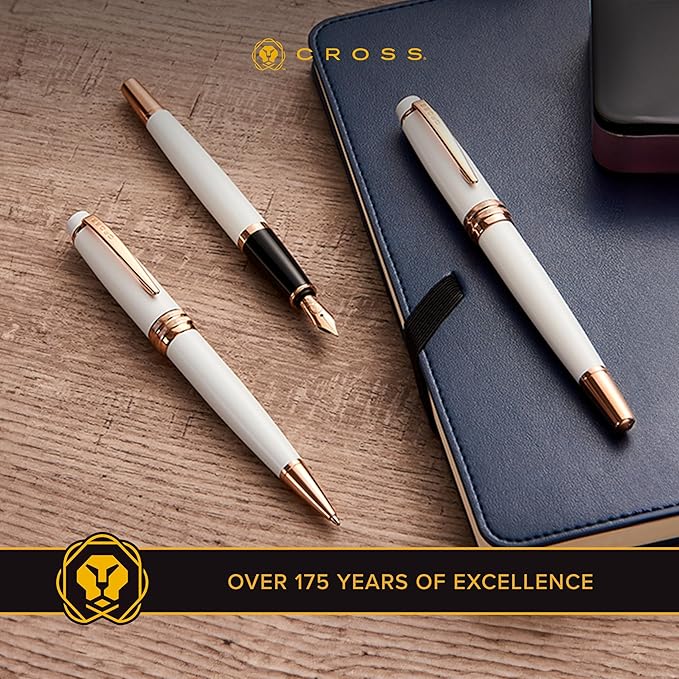 Cross Bailey Refillable Rollerball Pen Presented in a Premium Gift Box - Medium Point, Black Ink, White & Rose Gold