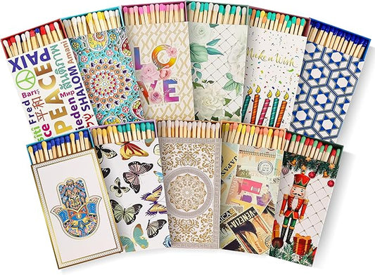 Decorative Matches Box -4-Inch Long Matches for Candles with Strike - Wooden Colorful Candle Sticks with Rainbow Tips - 50 Pc Match Sticks - Matchbox Designs of Your Choice (6 Unique Box Designs)