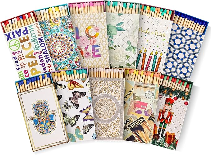 Decorative Matches Box -4-Inch Long Matches for Candles with Strike - Wooden Colorful Candle Sticks with Rainbow Tips - 50 Pc Match Sticks - Matchbox Designs of Your Choice (4 Unique Box Designs)