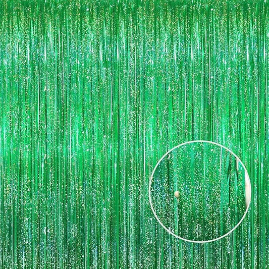 GOER 3.2 ft x 8.2 ft Metallic Tinsel Foil Fringe Curtains Party Photo Backdrop Party Streamers for Birthday,Graduation,New Year Eve Decorations Wedding Decor(5 Packs,Shiny Green)