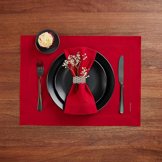 Cotton Linen Placemats Set of 4 – Hemstitch Red Cloth Placemats 14 x 19 Inch – Washable Fabric for Dining, Fall, Halloween, Thanksgiving, Spring, Summer, Wedding, Everyday Décor – Serena