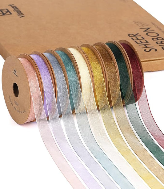 Vitalizart 3/8" x 90 Yards Organza Ribbon Set 9 Rolls x 10 Yd Sheer Ribbon for Gift Wrapping Crafts Christmas Tree Bows Wedding Invitations Wreaths Party Decor Bouquet DIY Projects (Mixed Colors)
