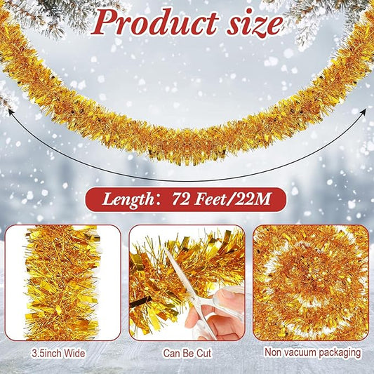 72 Feet Christmas Tinsel Garland Shiny Metallic Tinsel Twist Garland Streamers Ornaments Long Glitter Christmas Tree Hanging Decorations for Party Holiday Wedding Birthday Tree Wall Rail (Gold)