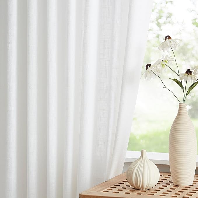 Vision Home White Pinch Pleated Semi Sheer Curtains Textured Light Filtering Window Curtains 112 inch for Living Room Bedroom Patio Rayon Blended Pinch Pleat Drapes with Hooks 1 Panel 80" Wx112 L
