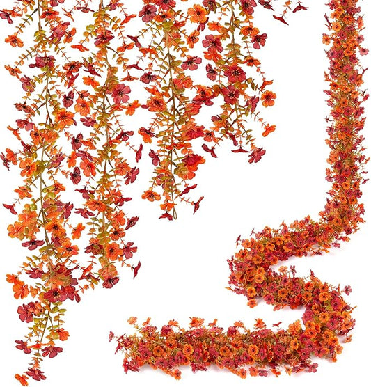 Fall Mums Flowers Artificial Garland for Decoration, 4 Pack 5.9 FT Faux Mums with Eucalyptus Leaves Ivy, UV Resistant Fake Fall Daisy Floral Vine Flowers for Home Garden Wedding Backdrop Decor