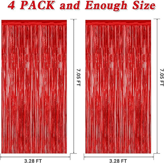 4 Pack Red Backdrop, 3.28 FT x 7.05 FT Party Streamer, Metallic Birthday Tinsel Backdrop Foil Fringe Curtains, Door Streamer for Red Party Decorations Casino Decor Photo Booth Props
