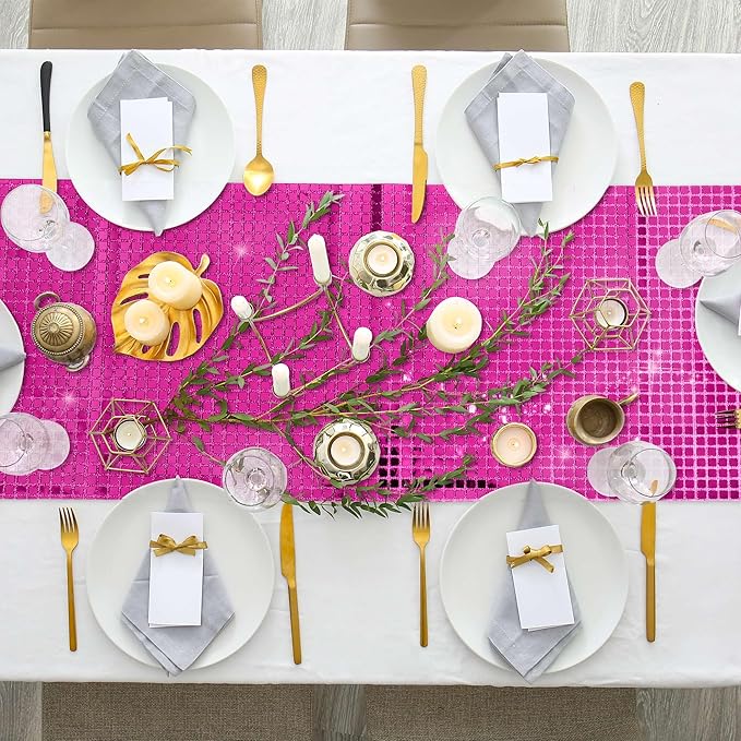 Durony 4 Pack Disco Table Runner 11 x 108 Inch Mirror Hot Pink Glitter Foil With Sparkle Sequin for Bachelorette, 70s, Cowgirl Party Decorations
