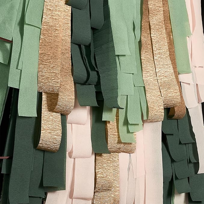 PartyWoo Sage Green Crepe Paper Streamers 4 Rolls 328 ft Pack of Hunter Sage Green Gold Sand White Crepe Paper for Jungle Safari Graduation Birthday Party Decorations (1.8 Inch x 82 Ft/Roll)