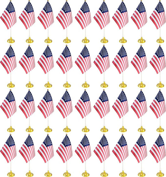 36 Pack USA US Desk Flags,Small Mini American Deluxe Table Flags Set with Stand Base，8.2 x 5.5 inches Miniature Desktop Flag