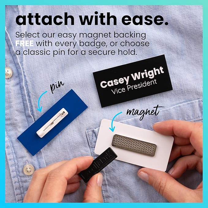 ExcelMark Custom Name Tag - Engraved Name Badge with Pin or Magnetic Backing, 16 Colors, 6 Fonts, and 2 Sizes to Choose from (Gold w/Black Letters, 1"x 3")