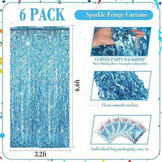 Jutom 6 Pieces 3.3 x 6.6 ft Wavy Tinsel Foil Fringe Curtains Foil Fringe Streamer Backdrop Party Curtain for Sea Mermaid Baby Shower Birthday Party Decoration(Light Blue)