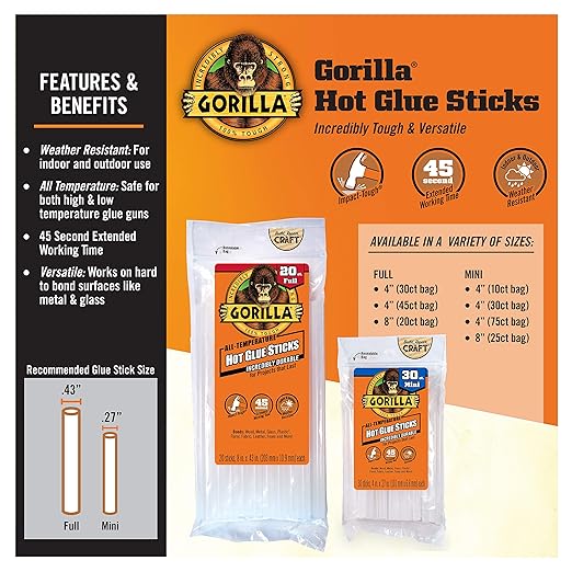 Gorilla Hot Glue Sticks, Clear Glue, Mini Size 8" Long x 0.27" Diameter, 25 Count (Pack of 4) - Safe for All Temperatures with Extended Working Time