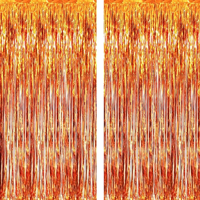 GOER 6.4 ft x 8.2 ft Metallic Tinsel Foil Fringe Curtains,Pack of 2 Party Streamer Backdrop for Birthday,Graduation Decorations and New Year Eve (Orange)