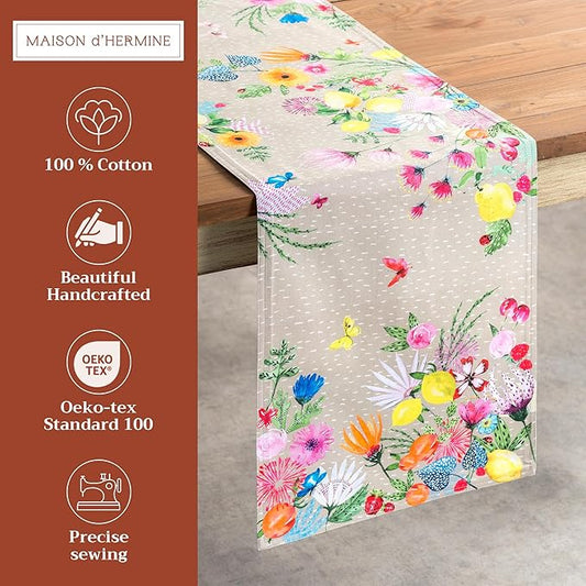 Maison d' Hermine Table Runner 100% Cotton Double Layer Table Runners 108 inches Long Decorative for Home Kitchen Dining Party Wedding Bridal Shower Spring Summer (Jardin D'Ete - Fog, 14.50" x 108")