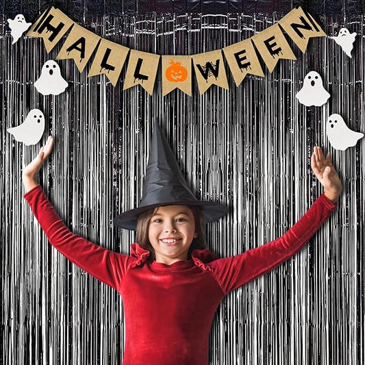 BRAVESHINE Black Halloweens Party Foil Fringe Curtains - 2 Pack Metallic Tinsel Photo Booth Streamers Backdrop for Birthdays, Stranger Theme, Music, Prom, Christmas Party Decorations