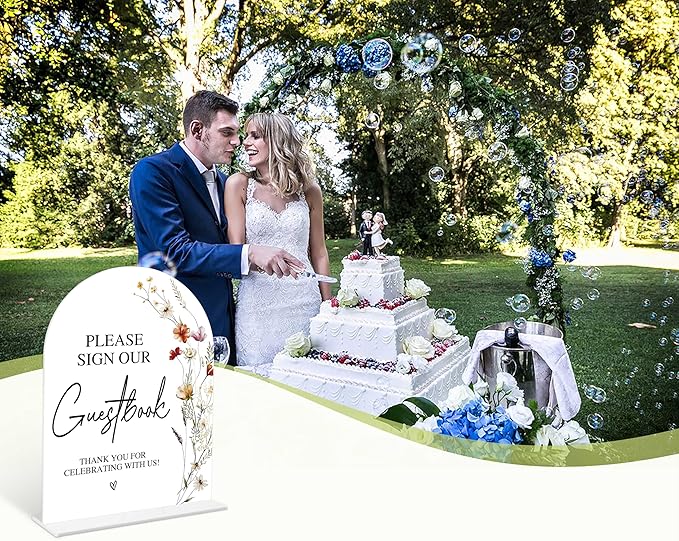 Boho Floral Please Sign Our Guestbook Sign, 6 x 8 Inch White Arch Acrylic Wedding Sign with Holder, Wedding Sign for Ceremony and Reception, Wedding Decoration, Wedding Supplies - BX02