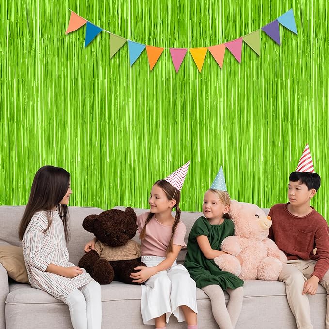 2 Pack Backdrop Curtains, 3.28 Feet x 7.05 Feet Grass Green Fringe Curtains, Metallic Tinsel Backdrop Foil Curtains Streamer, Party Supplies Party Decorations Photo Props